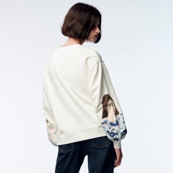 ZARA Blogger Fave Ecru Multi Girls Print Sweatshirt $59.90 EUC S Rare HTF - Picture 3 of 16